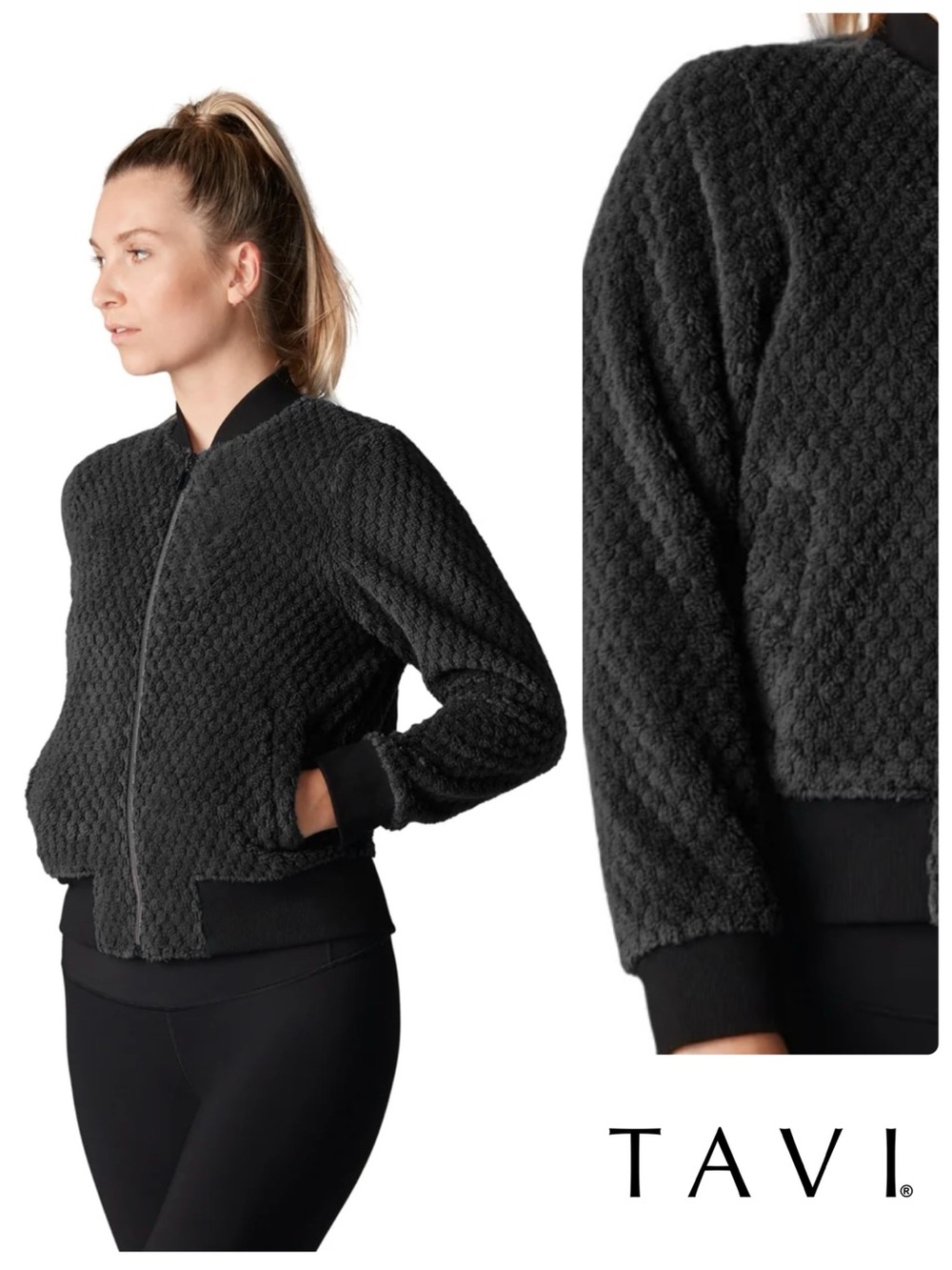 Tavi Noir NWT Cozy Bomber Jacket in Ebony Black (Soft Jacquard Pattern)
